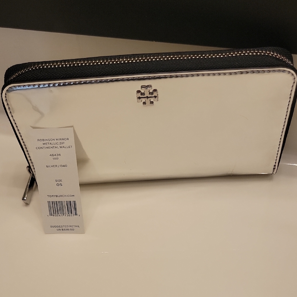Tory Burch Metallic Silver Zip-Around Continental Wallet with Black Trim